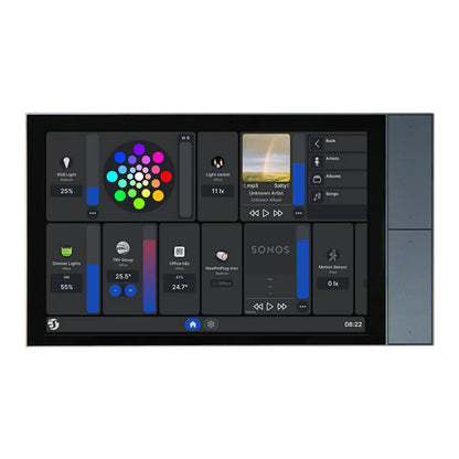 Shelly Wall Display XL smart kontrolpanel med touchskærm, ikoner, sliders og farvehjul til lys, musik og temperatur.