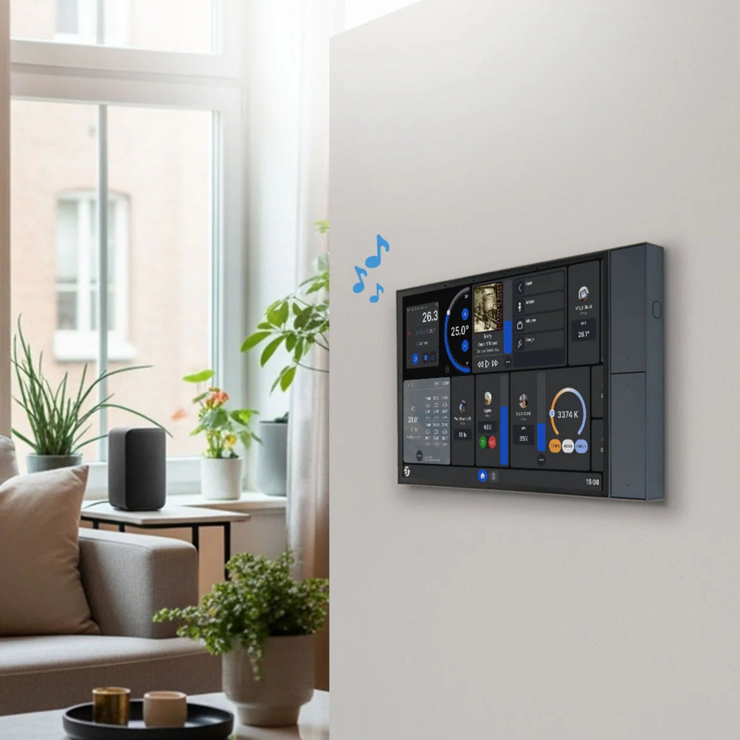 Shelly Wall Display XL smart kontrolpanel på væggen i stue, viser styring af lys og lyd via ikoner.