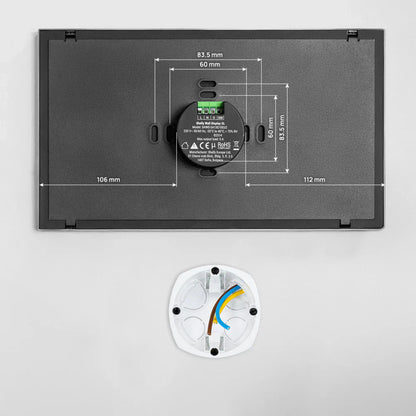Shelly Wall Display XL smart kontrolpanel grå, rektangulært vægpanel med centralt rundt element og hvidt monteringsbeslag med ledning.