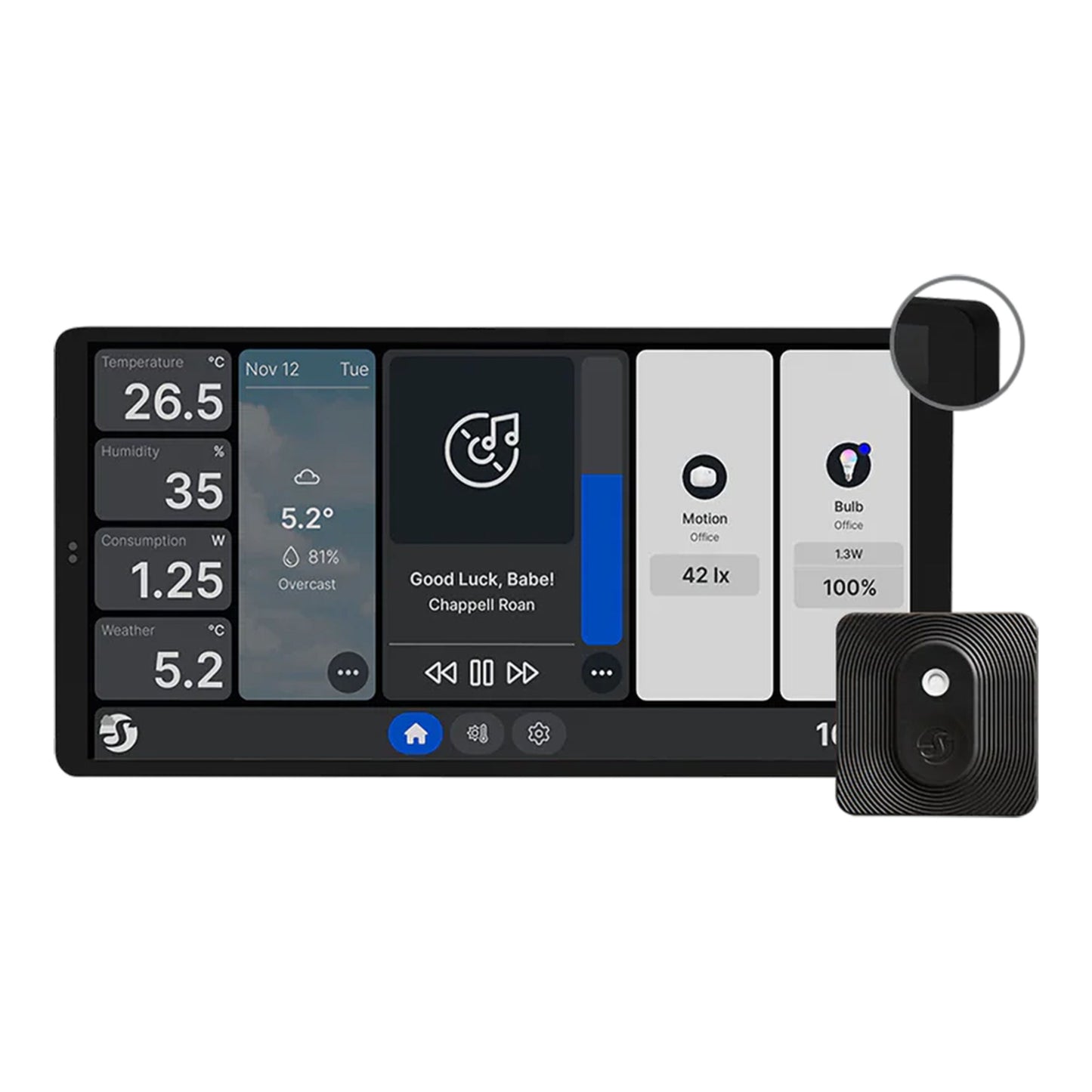 Shelly Vægdisplay X2i smart kontrolpanel med touchskærm, viser flere målinger, sorterer Shelly kameraenhed ved siden af.