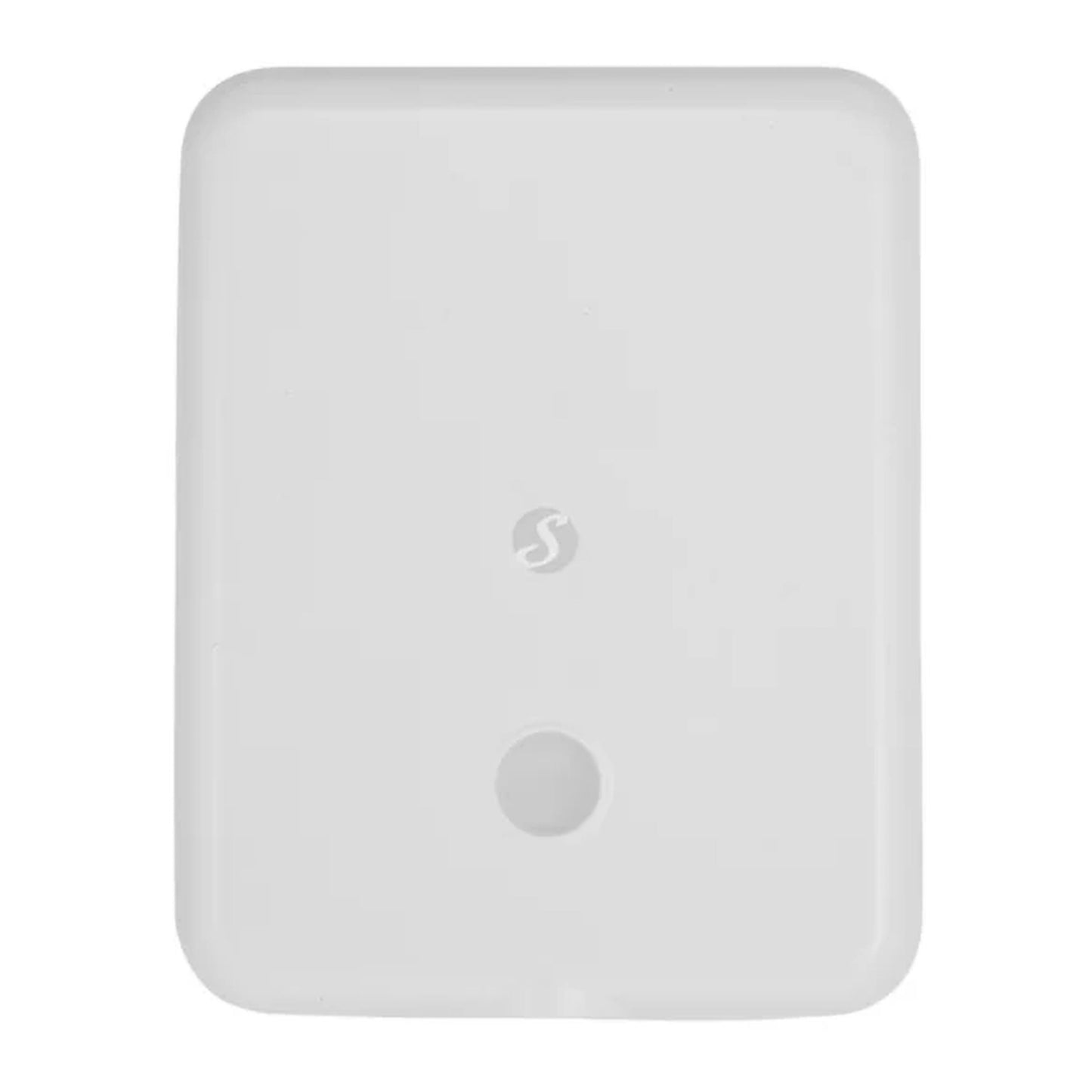 Shelly Flood Gen4 hvid smart vandsensor med lækageslange, afrundede hjørner, centralt S-logo og lille rund knap nederst.