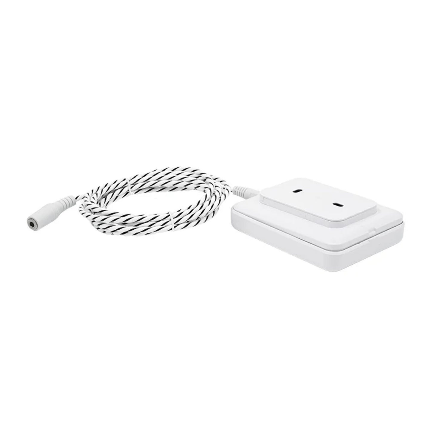 Shelly Flood Gen4 smart vandsensor med lækagelangt, rektangulært kabinet, to runde huller, sort-hvid spiralkabel.