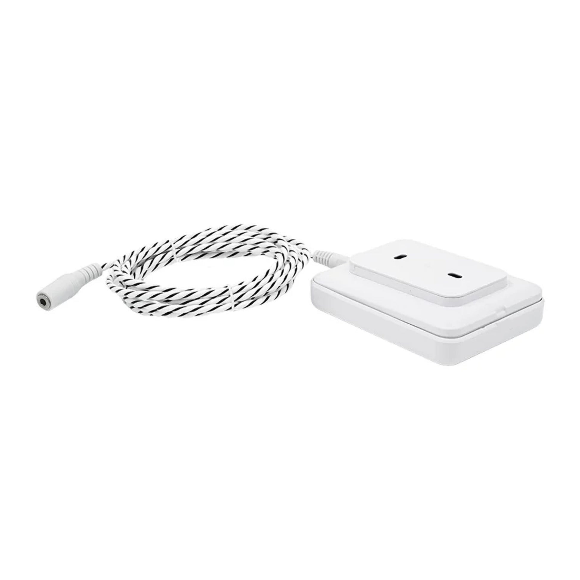 Shelly Flood Gen4 smart vandsensor med lækagelangt, rektangulært kabinet, to runde huller, sort-hvid spiralkabel.
