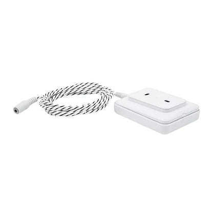 Shelly Flood Gen4 smart vandsensor med lækagelangt, rektangulært kabinet, to runde huller, sort-hvid spiralkabel.