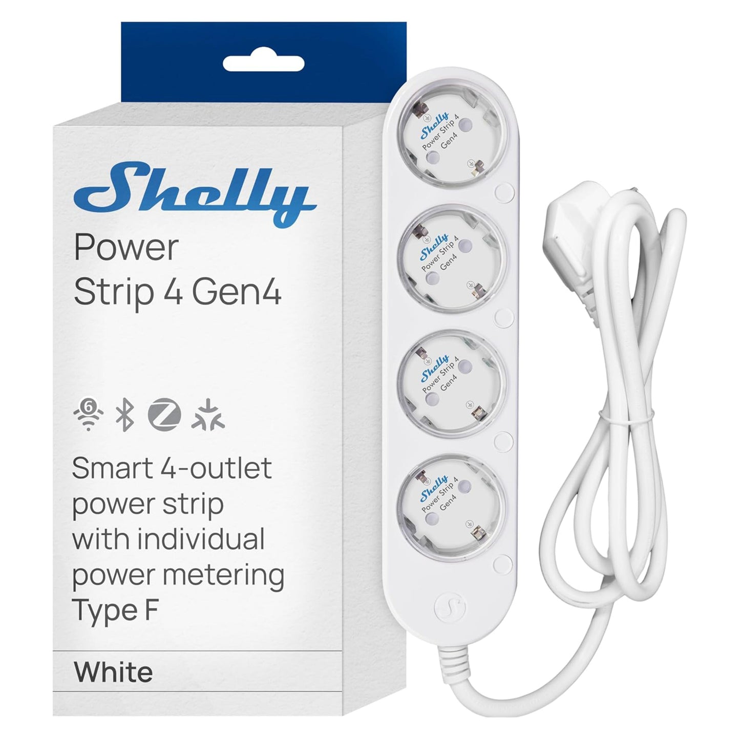 Shelly Strømfordeler 4 Gen4 hvid med fire runde udtag, hvid ledning, Type F, energiovervågning og smart home integration.