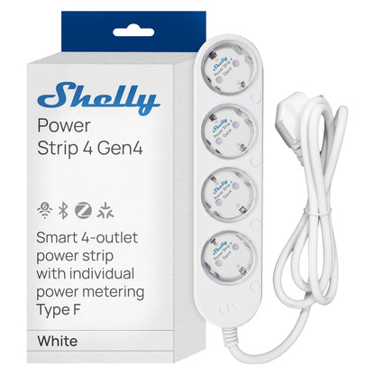 Shelly Strømfordeler 4 Gen4 hvid med fire runde udtag, hvid ledning, Type F, energiovervågning og smart home integration.