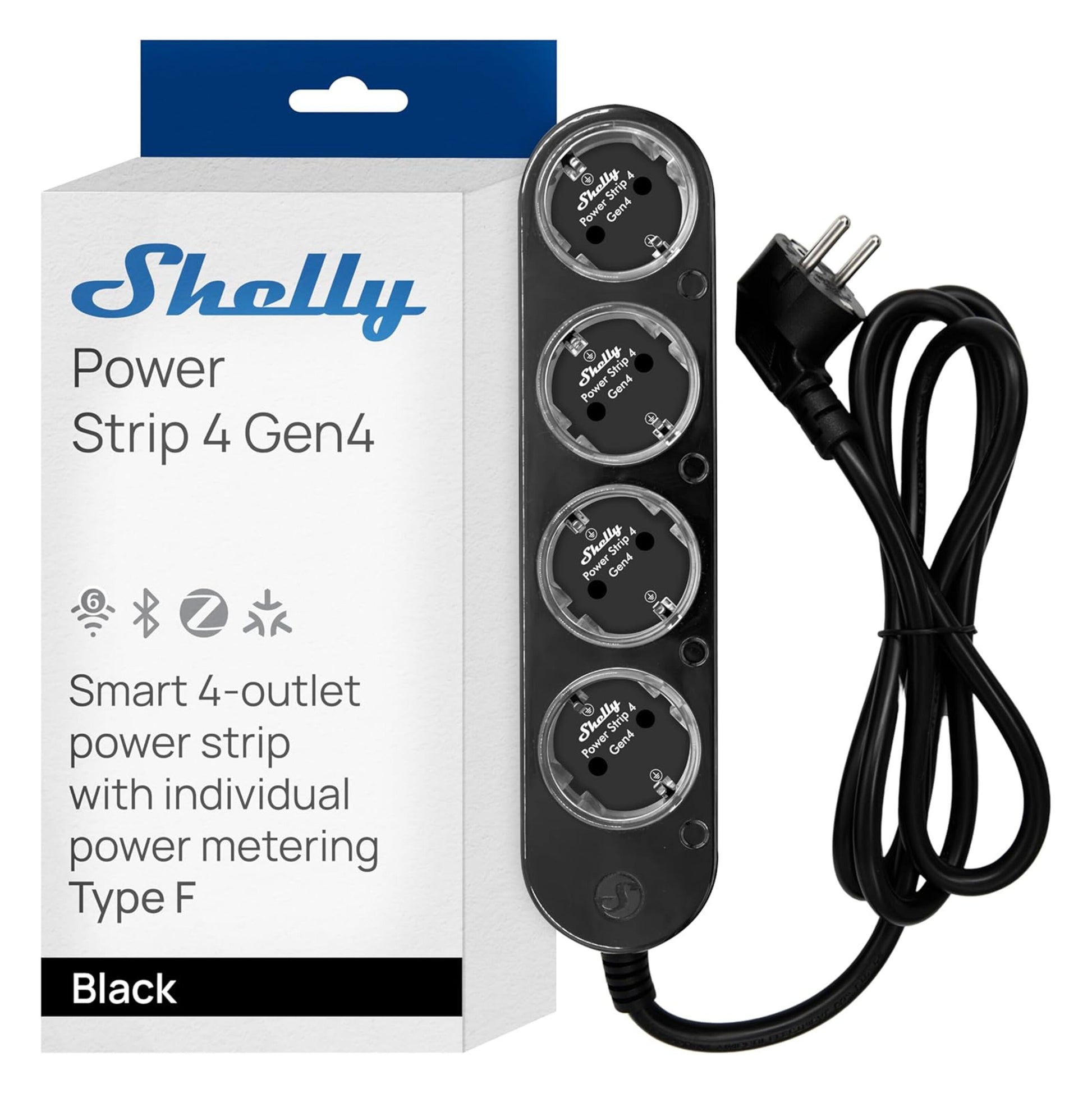 Shelly Strømfordeler 4 Gen4 sort med fire Type F stik, spiral-kabel, WiFi, Zigbee, Matter, energimåling og separat styring.