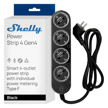 Shelly Strømfordeler 4 Gen4 sort med fire Type F stik, spiral-kabel, WiFi, Zigbee, Matter, energimåling og separat styring.