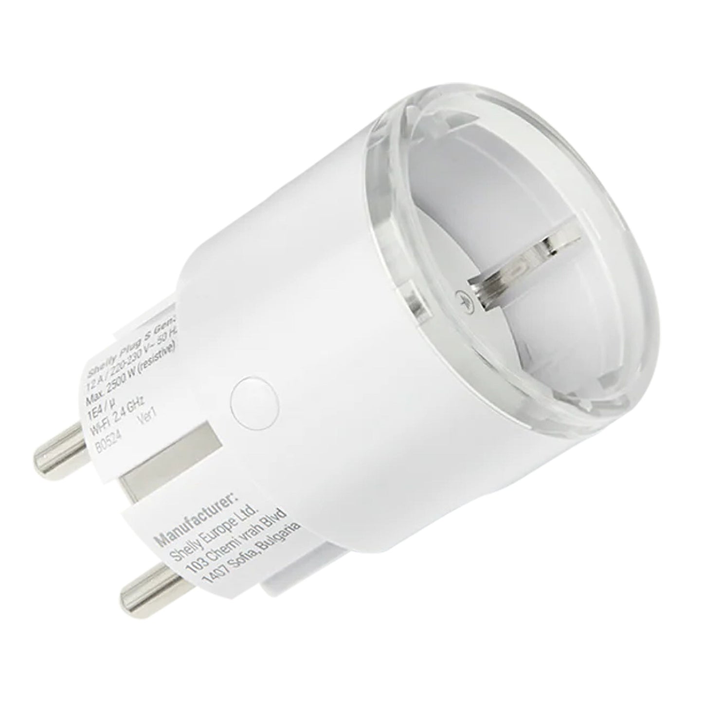 Shelly Plug S Gen3 smart plug hvid med rund transparent stik, to metalben, Matter support og energimonitorering.
