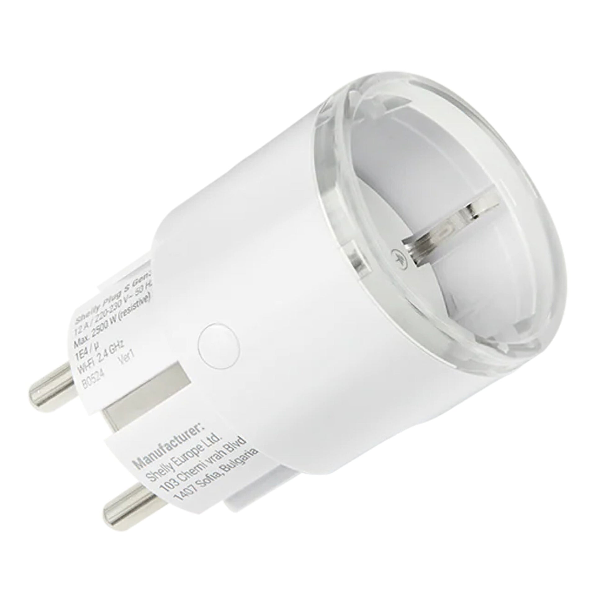 Shelly Plug S Gen3 smart plug hvid med rund transparent stik, to metalben, Matter support og energimonitorering.