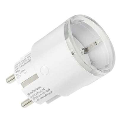 Shelly Plug S Gen3 smart plug hvid med rund transparent stik, to metalben, Matter support og energimonitorering.
