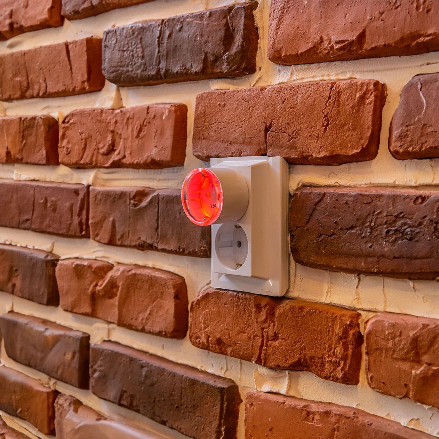 Shelly Plug S Gen3 smart stik hvid, rød indikatorlampe tændt, monteret på nubret murstensvæg.