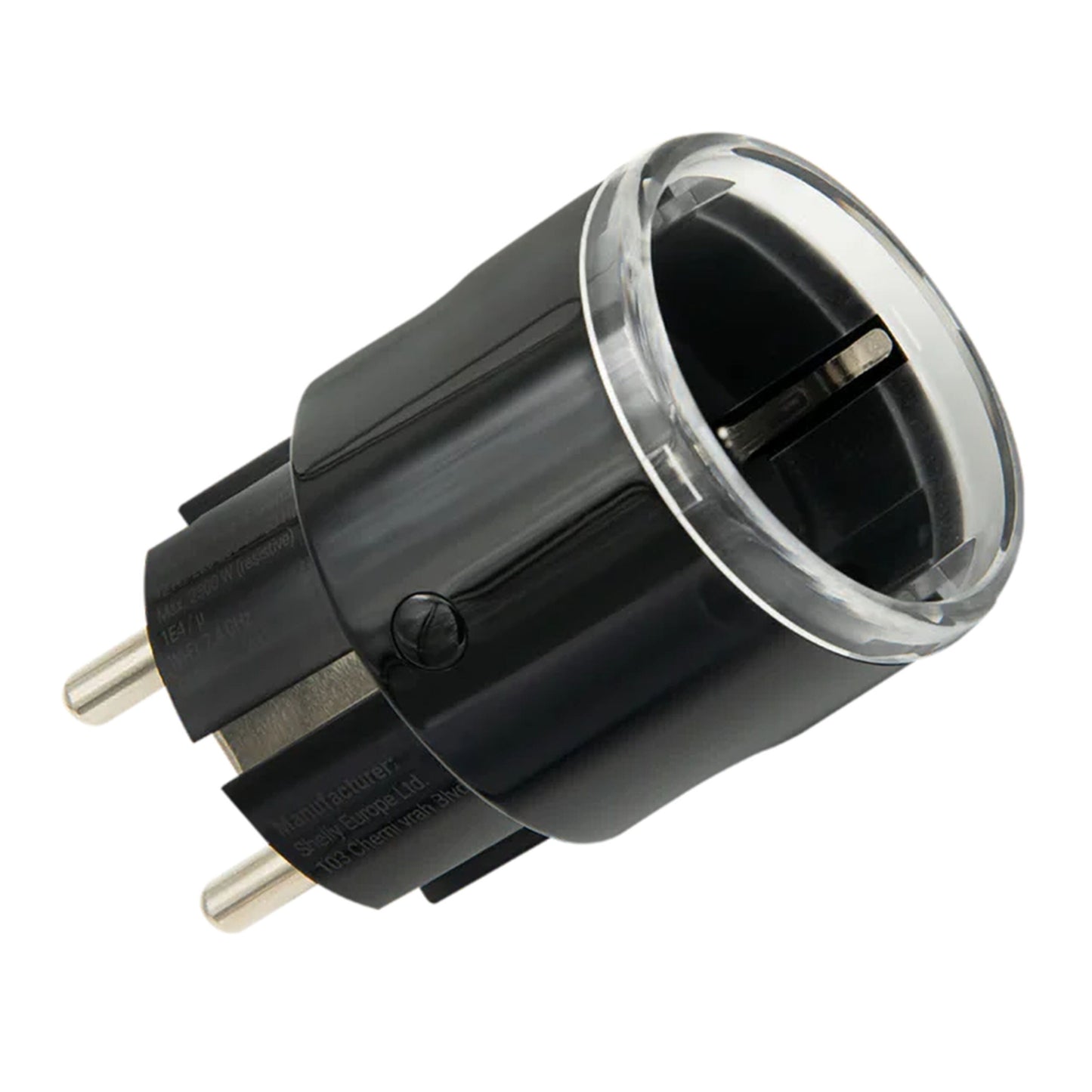Shelly Plug S Gen3 smart stik, sort, to runde EU-bens, gennemsigtig ring foroven, energimåling.
