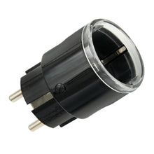 Shelly Plug S Gen3 smart stik, sort, to runde EU-bens, gennemsigtig ring foroven, energimåling.