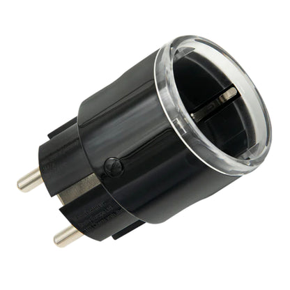 Shelly Plug S Gen3 smart stik, sort, to runde EU-bens, gennemsigtig ring foroven, energimåling.