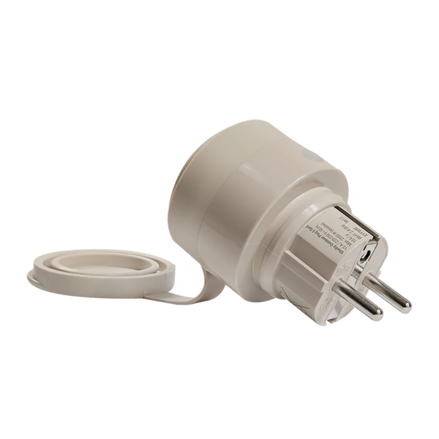 Shelly Outdoor Plug S Gen3 smart udendørskontakt mokka, rund hætte fastgjort med kort rem, vises fra siden.