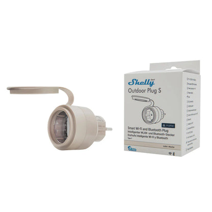 Shelly Outdoor Plug S Gen3 udendørskontakt Mocha med Wi-Fi, Bluetooth, energimåling og flip cover vist med æske.