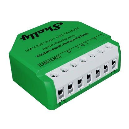 Shelly Wave Dimmer EU LR grøn Z-Wave 800 smart relæ med hvide stik S1, S2, SW, L, N, O til dæmpbare LED-lamper.