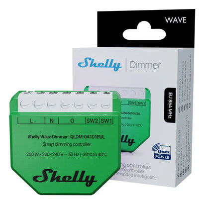 Shelly Wave Dimmer EU LR Z-Wave 800 grøn, synligt produktnavn og tydeligt mærkede tilslutningsklemmer øverst.