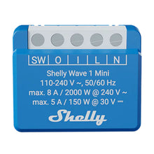 Shelly Wave 1 Mini EU LR blå Z-Wave mikromodul smart relæ med mærkede input/output-terminaler og el-specs på fronten.