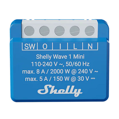 Shelly Wave 1 Mini EU LR blå Z-Wave mikromodul smart relæ med mærkede input/output-terminaler og el-specs på fronten.