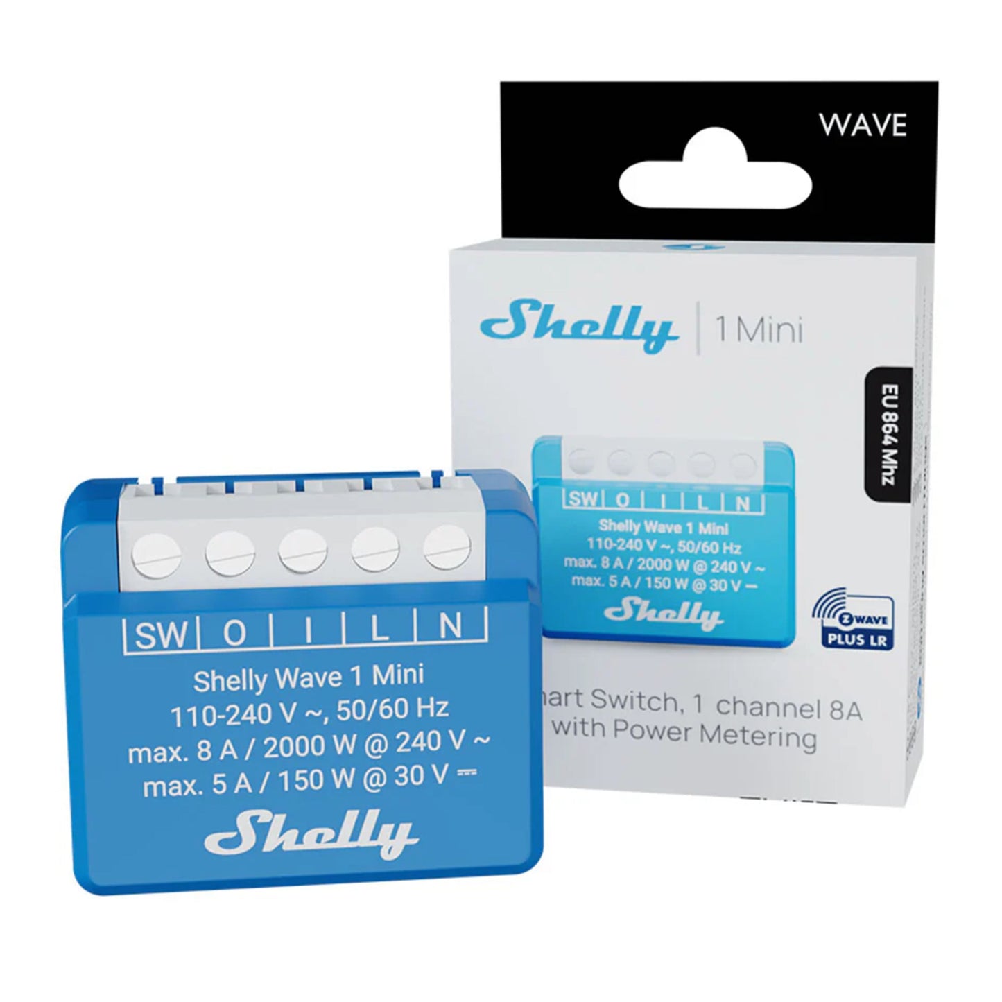 Shelly Wave 1 Mini EU LR blå smart home mikromodul med hvide forbindelsesterminaler foran æske med specifikationer.