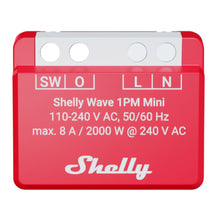 Shelly Wave 1PM Mini LR Z-Wave-afbryder EU rød, mærket SW/O/L/N, 110-240V AC 50/60Hz, op til 8A eller 2000W.