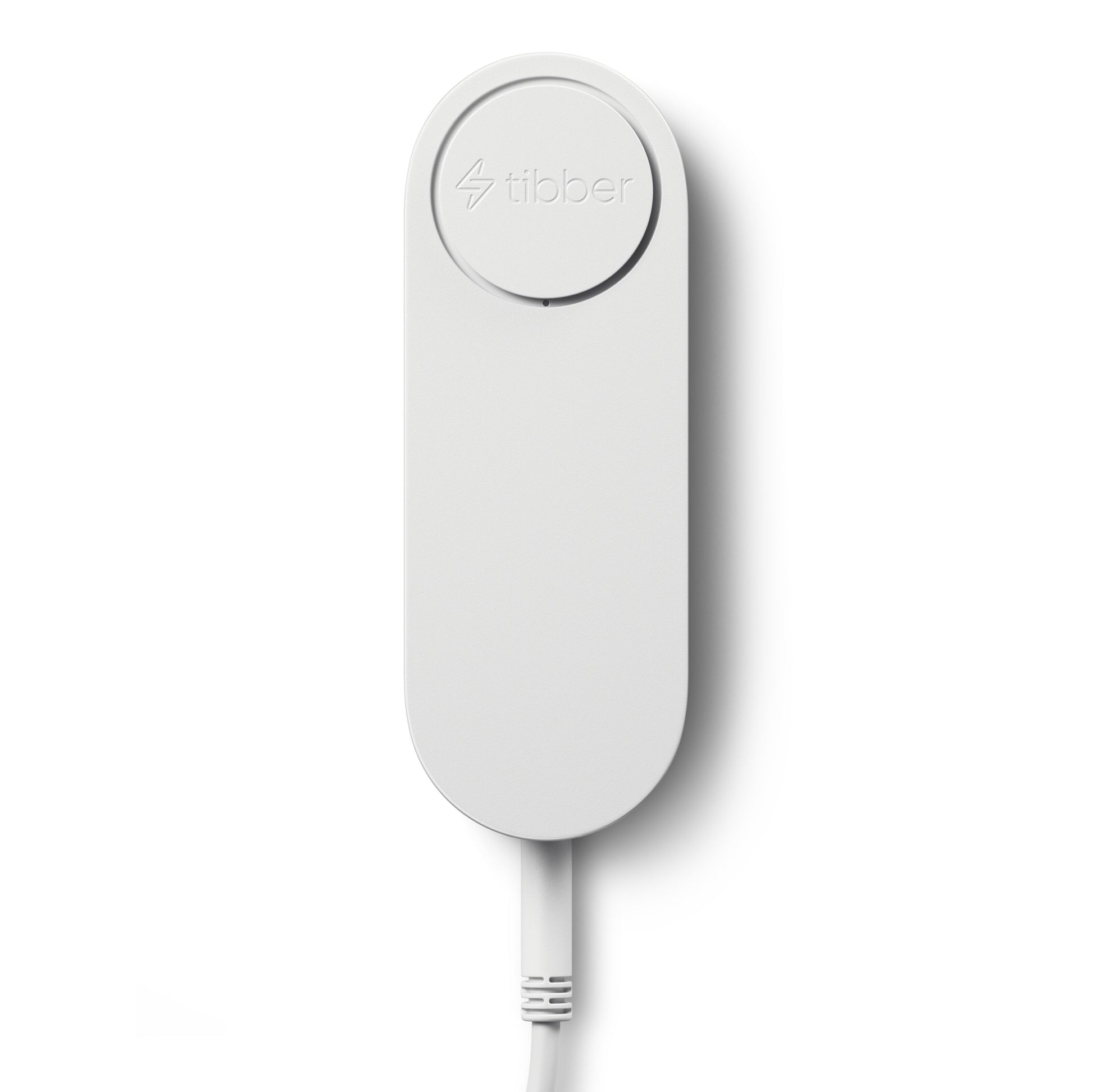 Tibber Pulse CT realtidsmåler Startpakke hvid rektangulær med afrundede kanter, Tibber-logo og kabel nederst.