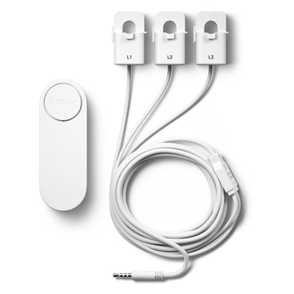 Tibber Pulse CT realtidsmåler startpakke med oval hub og 3 clip-on strømfølere L1-L3 til elforbrug via 3,5 mm jack.
