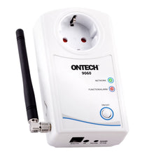 Ontech 9060 fjernbetjeningskontakt 4G med stikkontakt, antenne, LED-indikatorer, On/Off-knap og bundporte.