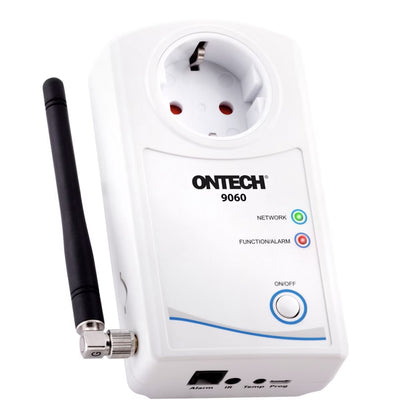 Ontech 9060 fjernbetjeningskontakt 4G med stikkontakt, antenne, LED-indikatorer, On/Off-knap og bundporte.