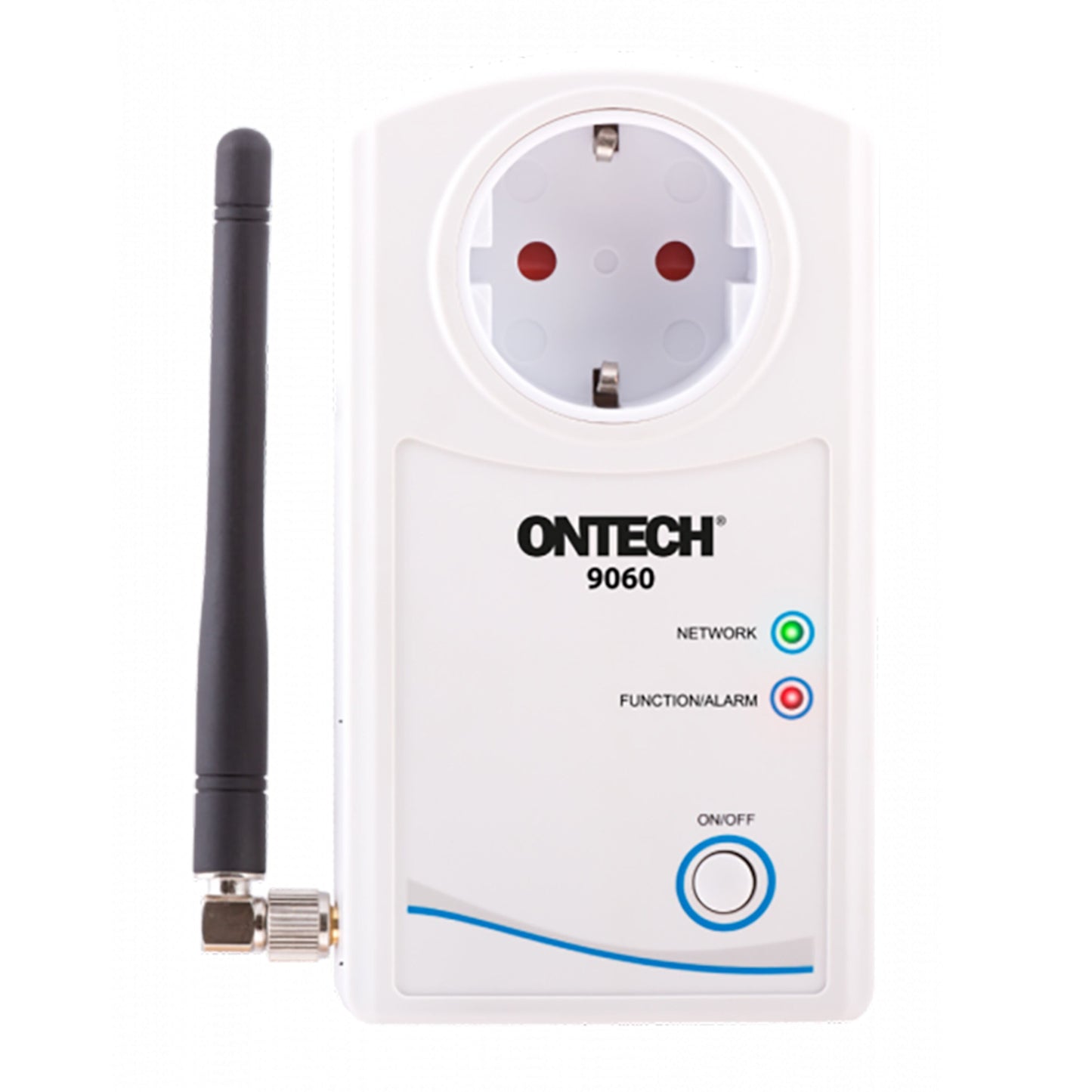 Ontech 9060 fjernbetjeningskontakt 4G, hvid med sort antenne, top strømudtag, to indikatorlys, bund on/off-knap.