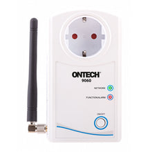 Ontech 9060 fjernbetjeningskontakt 4G, hvid med sort antenne, top strømudtag, to indikatorlys, bund on/off-knap.