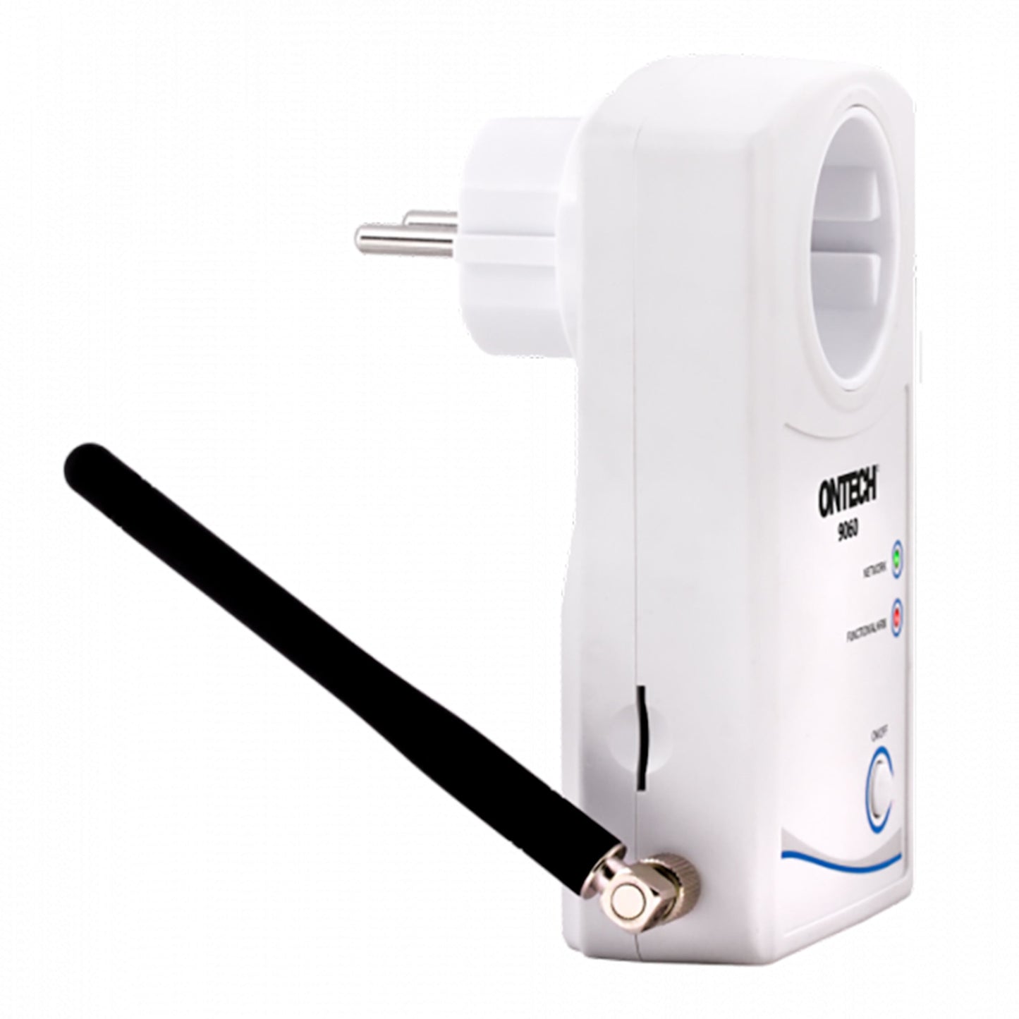 Ontech 9060 hvid smart plug med stikben, indikatorlys, sort antenne og fjernstrømafbryder til 4G-styring uden internet.