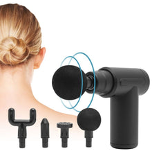 Rubicson Minimassagepistol Sort med fire massagehoveder, blå linjer viser vibrationer til muskelafslapning og smertelindring.
