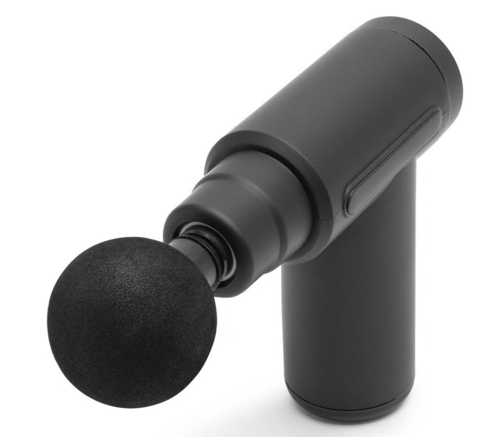 Rubicson Minimassagepistol Sort håndholdt med rundt skumhoved og cylindrisk greb til muskelafslapning.