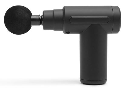 Rubicson minimassagepistol sort, rundt skumhoved, sidevisning.