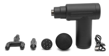 Rubicson minimassagepistol sort med 5 udskiftelige hoveder og USB-kabel.
