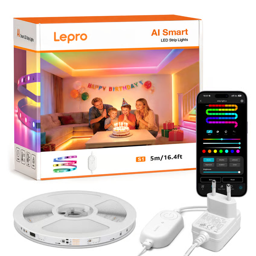 S1 AI Smart LED-strip RGBIC 5 m sæt med strømforsyning, controller, æske med app til farvevalg og fødselsdagsmotiv.