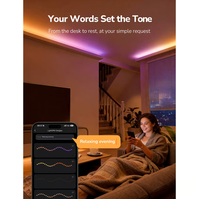 Lepro S1 AI Smart LED-strip RGBIC 5 m monteret i loftet, styres via en app med teksten »Relaxing evening«.
