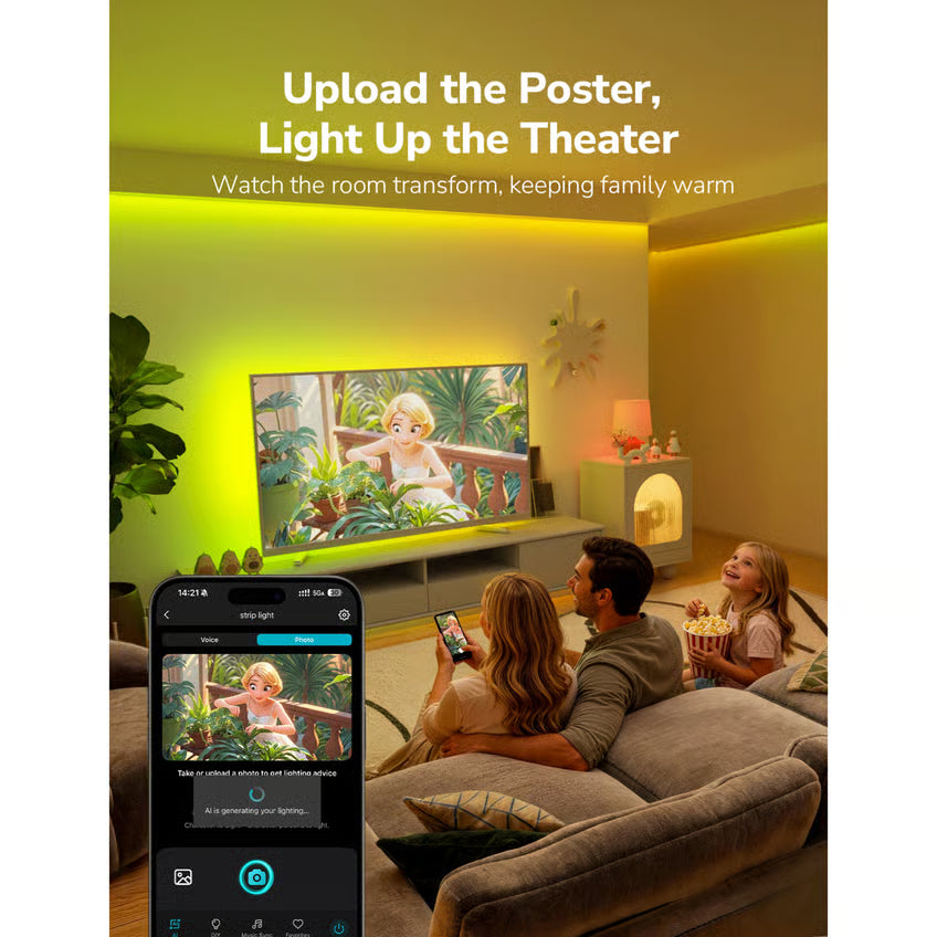 LEPRO S1 AI Smart LED-strip RGBIC 5 m, varm gul belysning, smartphone med styringsapp, tekst: Upload plakaten, tænd lyset i teatret.