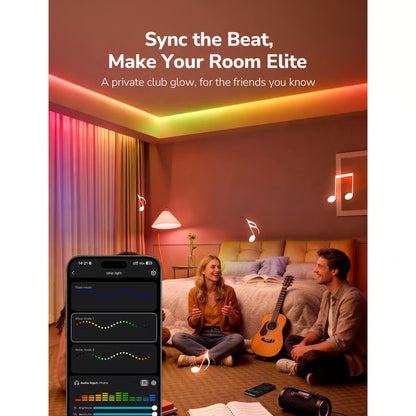 LEPRO S1 AI Smart LED-strip RGBIC, 20 m langs loftet, musikapp åben på telefonen, tekst: Synkroniser rytmen, gør dit værelse til noget helt særligt.