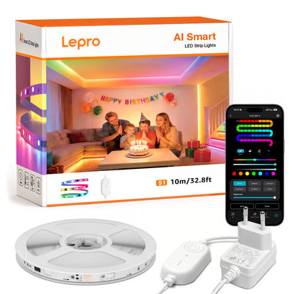 LEPRO S1 AI Smart LED-bånd RGBIC 10 m med kontrolenhed, strømforsyning, app og emballage med en familie i et farverigt rum.