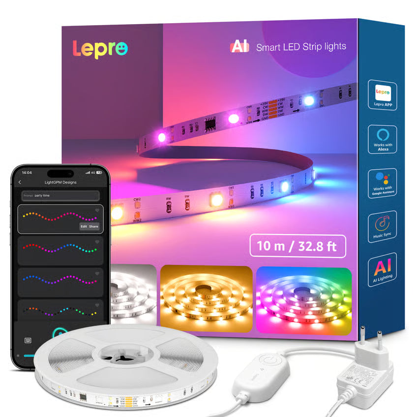 LEPRO S2 AI Smart LED-strip RGBIC 10 m med fjernbetjening, app-styring og kompatibilitetsikoner på emballagen.