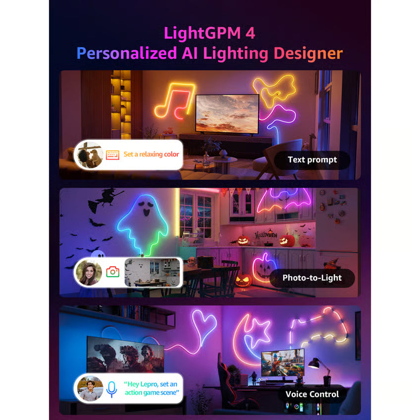 LEPRO N1 AI Smart Rainbow LED-neonslynge, 3 m, med flerfarvet lys, tekststyring, foto-til-lys og stemmestyring.