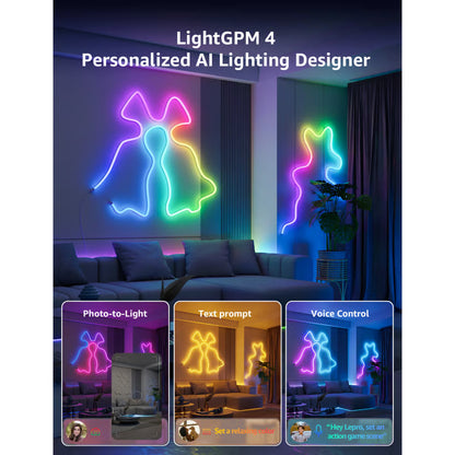 Lepro N1 AI Smart Rainbow LED-neonslynge, 3 m, med RGBIC, app-styring, visning af Photo-to-Light, tekst- og stemmestyring.