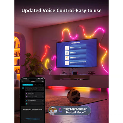 LEPRO N1 AI Smart Rainbow LED-neonslynge, 3 m, med oplyste sider, smartphone viser stemmestyring, tekst: Opdateret stemmestyring.