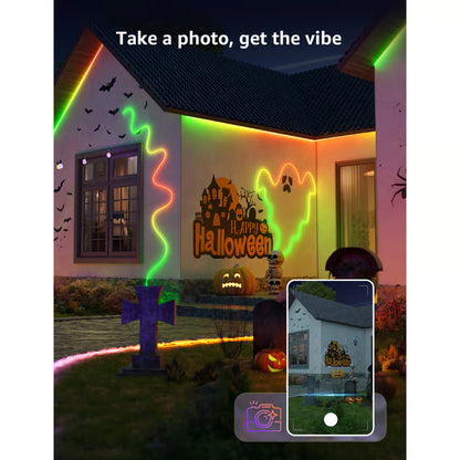 LEPRO N1 AI Smart Rainbow LED-neonslynge, 3 m, vist med Halloween-pynt; mobiltelefonens skærm viser samme scene med teksten »Tag et billede, kom i stemning«.