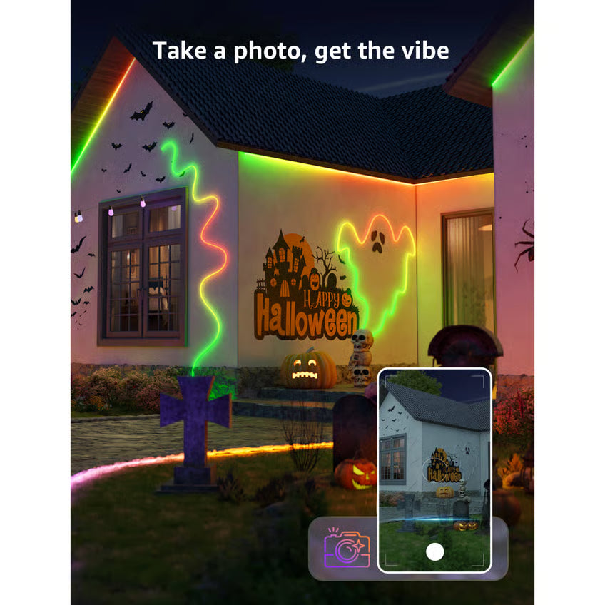 LEPRO S2 AI Smart LED-strip RGBIC 10 m, neon-Halloween-belysning, synlig mobiltelefonskærm med lyseffekter, tekst: Happy Halloween.