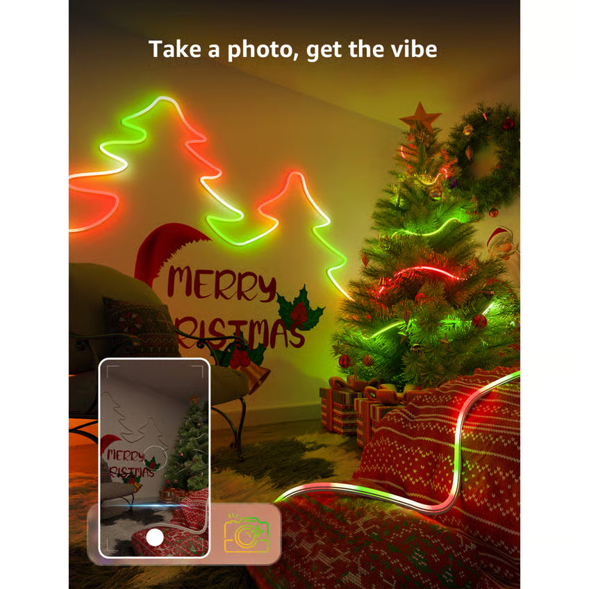 LEPRO N1 AI Smart Rainbow LED-neonslynge 3 m, juletræsform på væggen, synlige indpakkede gaver og teksten »Take a photo, get the vibe«.